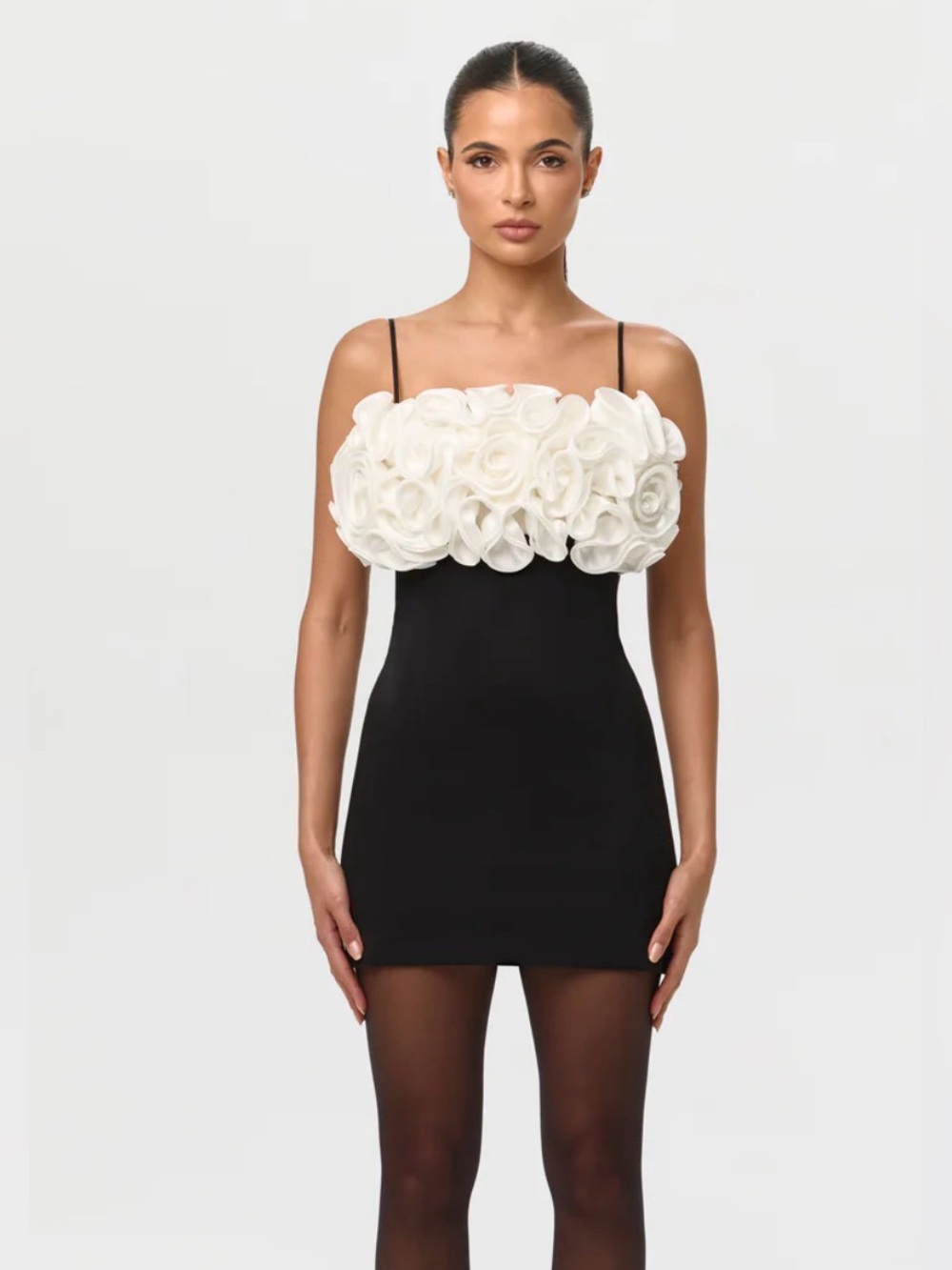 White Floral Bust Black Mini Dress with Spaghetti Straps